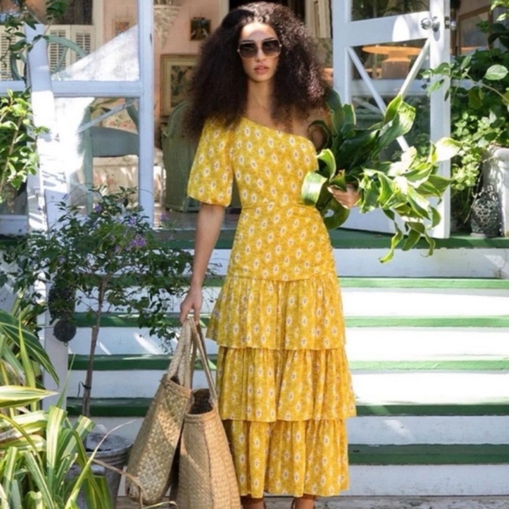 Veronica Beard NWOT Cotton Silk Yellow One Shoulder Jacquard Tiered Ruffle Dress